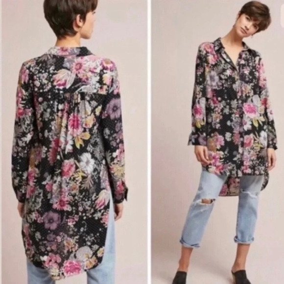 Maeve Dark Floral Black Tunic Top Metallic Boho S - Picture 1 of 7